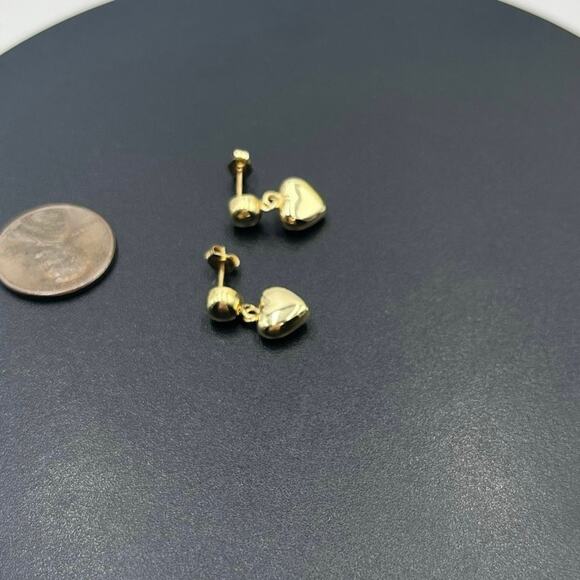 CJT 14k Marked 3D Puff Heart Drop Dangle Pierced Polished Yellow Gold Earrings - Picture 2 of 12